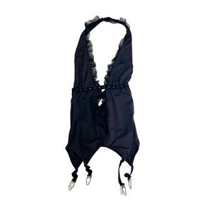 Leg Avenue Black Halter Teddy Bodysuit Ruffle Rhinestone Garter Straps O/S